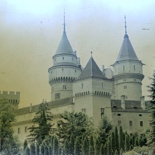 Historic castle with tall spires and evergreen trees.