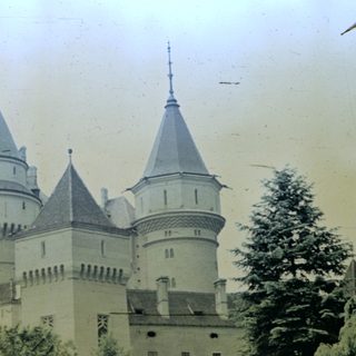 Historic castle with tall spires and evergreen trees.