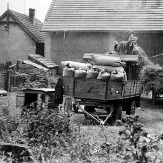 Here's a brief summary of the image: Farm workers load hay onto a trailer near a barn.