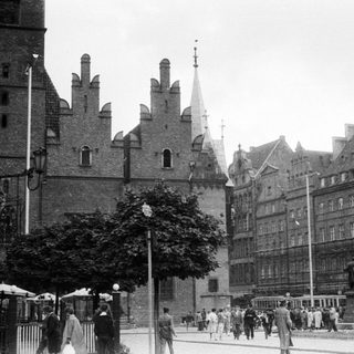 Black and white photo of a historic European town square.