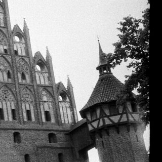 Black and white photo of an old, ornate, timber-framed building.