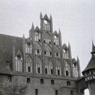 Black and white image of a gothic-style castle facade.