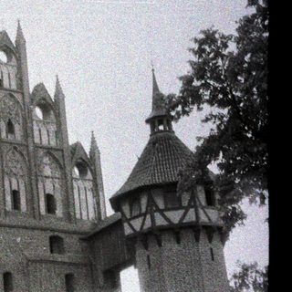 Black and white image of a gothic-style castle facade.