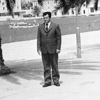 Man stands near a palm tree by the water.