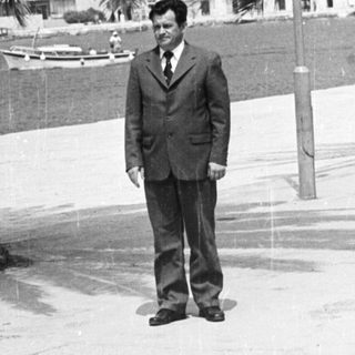 Man stands near a palm tree by the water.