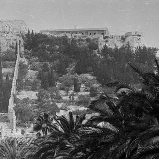 Black and white image of a hillside fortress and foliage.