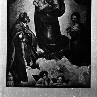 Mary holding baby Jesus with angels and figures below.