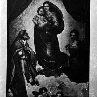 Mary holding baby Jesus with angels and figures below.
