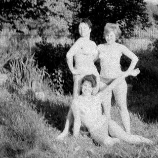 Here's a brief summary of the image: Three nude figures posed in a grassy, wooded area.