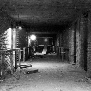 Here's a brief summary of the image: Dark, brick-walled corridor with wooden supports and debris.