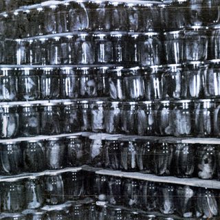 Stacked jars appear to be preserved foods or specimens.