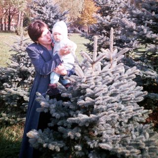 Woman holds baby amongst a field of young pine trees.
