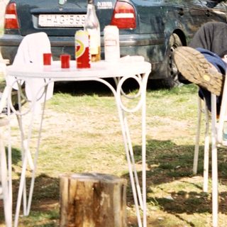 Man seated outdoors, next to a car and trees.