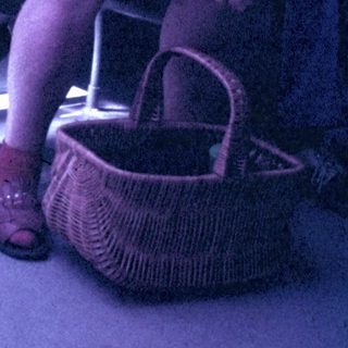 Woman sits next to a man, basket nearby.