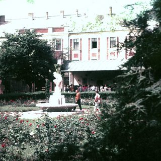 Garden with fountain, statue, and building in the background.