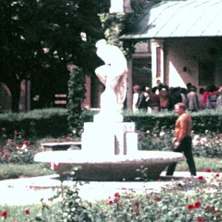 Garden with fountain, statue, and building in the background.