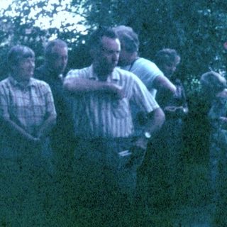 Group of people standing and looking over a hedge.
