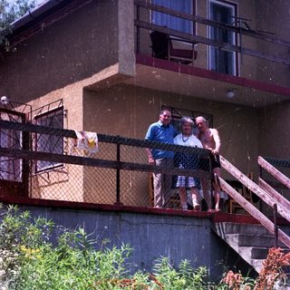 Here's a brief summary of the image: Two people on a balcony overlooking overgrown vegetation and stairs.