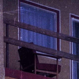 Here's a brief summary of the image: Two people on a balcony overlooking overgrown vegetation and stairs.