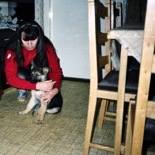 Woman holds a puppy in a room with furniture.