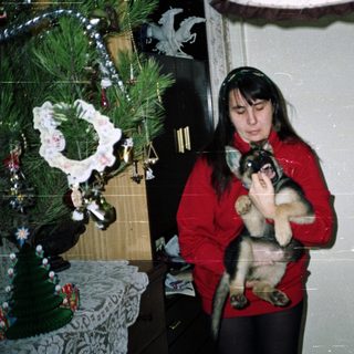 Woman holds cat indoors near a Christmas tree.