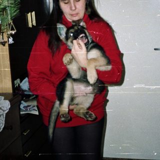 Woman holds cat indoors near a Christmas tree.