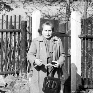 Woman stands near a fence and gate in a rural scene.