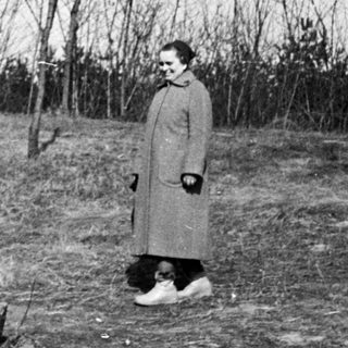Person stands in a barren, wooded landscape.
