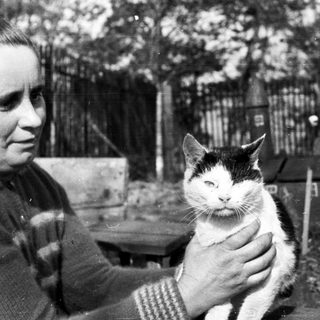Woman holding a cat outdoors in a black and white photo.