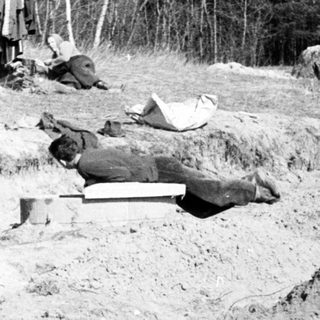 Here's a brief summary of the image: Bodies exposed in a trench, likely wartime casualties.