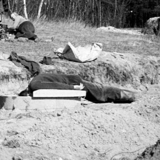 Workers excavating and removing bodies from a mass grave.