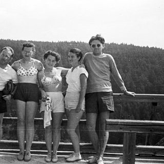 Group of people posing on a railing overlooking a forest.