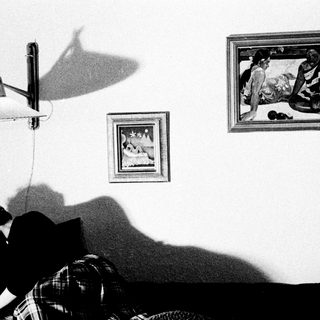 Person reading in a room, lit by a lamp.
