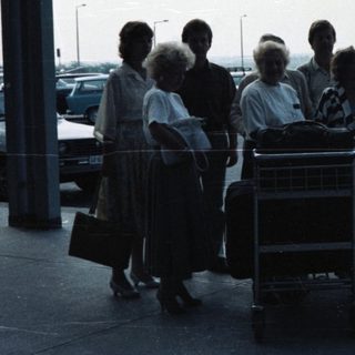 Group standing near luggage carts under airport shelter.