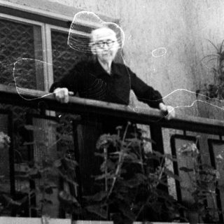 Here's a brief summary of the image: Older woman standing on a balcony with plants.