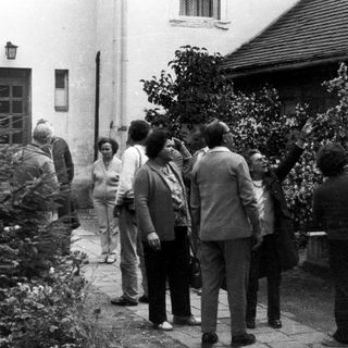 Group of people walk along a paved path.
