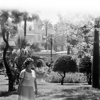 Woman stands near a park with palm trees.