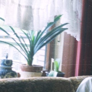 Three people sit on a couch in a lived-in room.