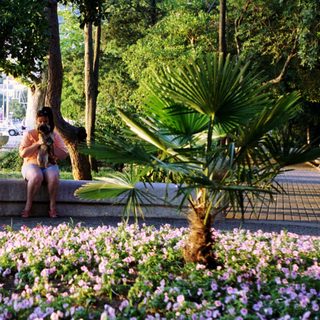 Woman sits on a ledge overlooking a harbor and flowers.