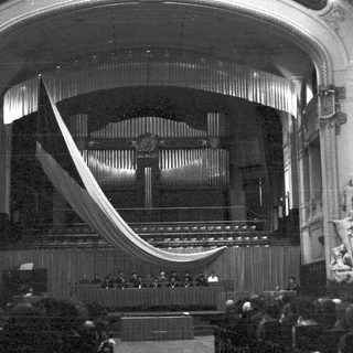 Black and white photo of an ornate theater stage.