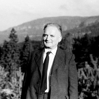 Man in suit stands near pine trees with a hill backdrop.