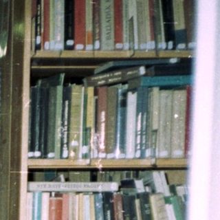 People in traditional dress stand near bookshelves in a room.