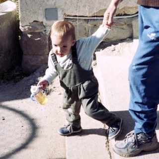 Man walks down stairs, assisting a toddler.