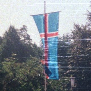People walking near flags and trees along a road.