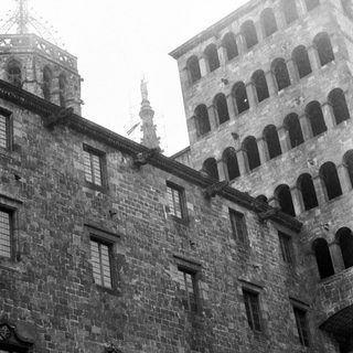 Black and white image of a stone building facade.
