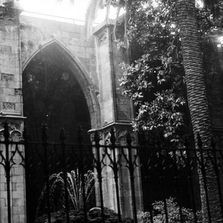 Gothic archway, foliage, and wrought-iron gate in a garden.