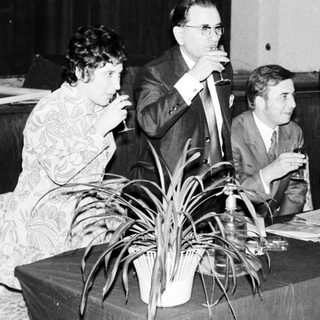 Group of people socializing with drinks at a table.