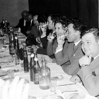 Group at a formal dinner, toasting with champagne.