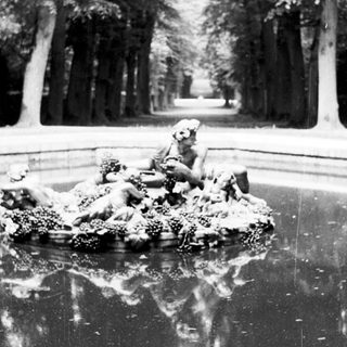Fountain statue reflected in still water, lined by trees.