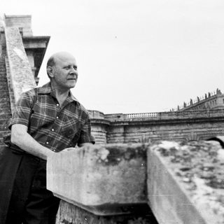 Man stands on a ledge overlooking a large building.